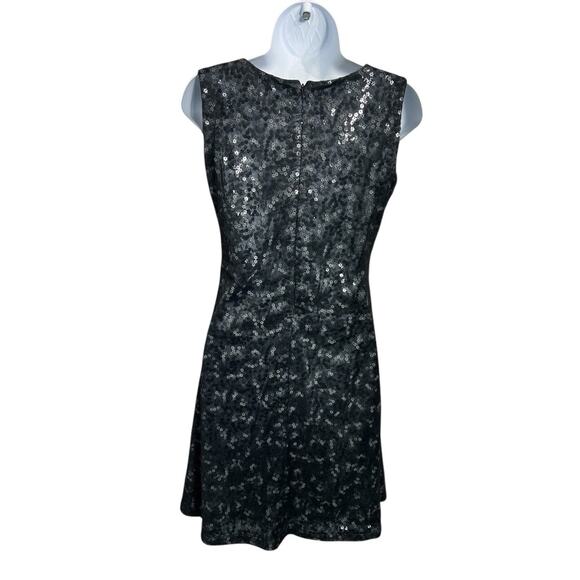 EBZA Black A-Line Dress Sz Small Mesh Floral Sequin Sleeveless Lined Knee Length - Picture 6 of 7